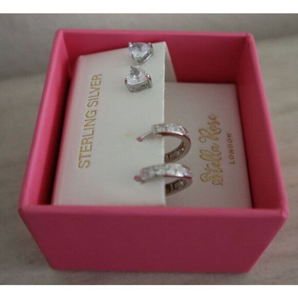 Stella Rose London Sterling Silver, 2 Set Earrings - Huggie & Heart Shaped Stud - Picture 4 of 7